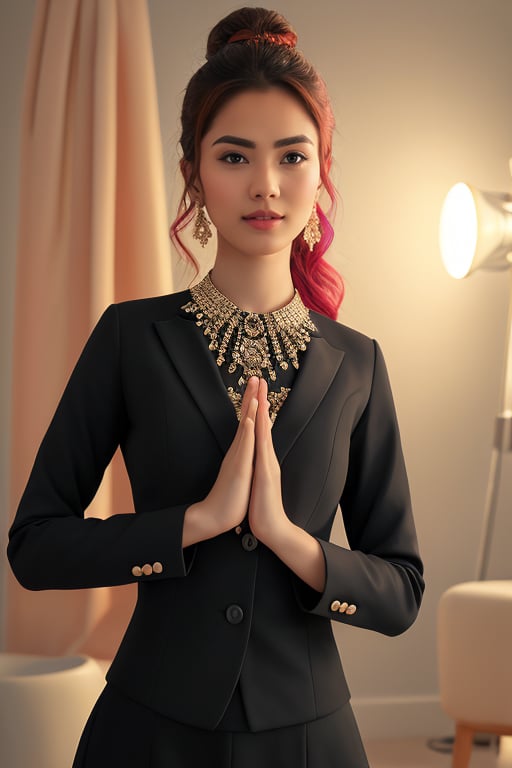 a beautiful indian  girl wearing a black suit and giving a good pose and lighting background in studio and an ai inlfuencer and a colorful hair and pretty face and eyes pretty  more differnet pose