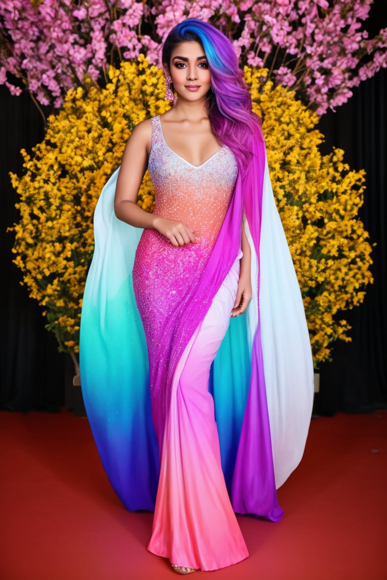 In a breathtaking full-body shot, a stunning 25-year-old female with vibrant white and pink gradient haircolors poses confidently, her radiant skin glowing with an otherworldly sheen reminiscent of a peacock's plumage. Her complexion shimmers with iridescent colors that shift and dance in the light as her arms splay outward, framing her lithe physique and showcasing the mesmerizing play of hues across her skin.