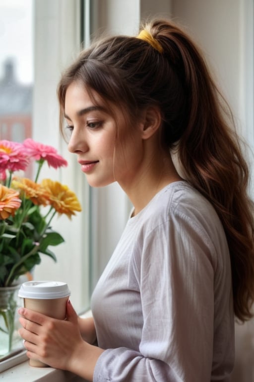 Oil painting, girl leaning against the window sill, resting her chin on the window and looking out the window, wide open window, (outside the window, various flowers are blooming in the flower bed), very delicate and soft lighting, details, Ultra HD, 8k, animated film, girl , holding a coffee cup, sitting on the window sill, holding a cup in both hands, shaking legs,