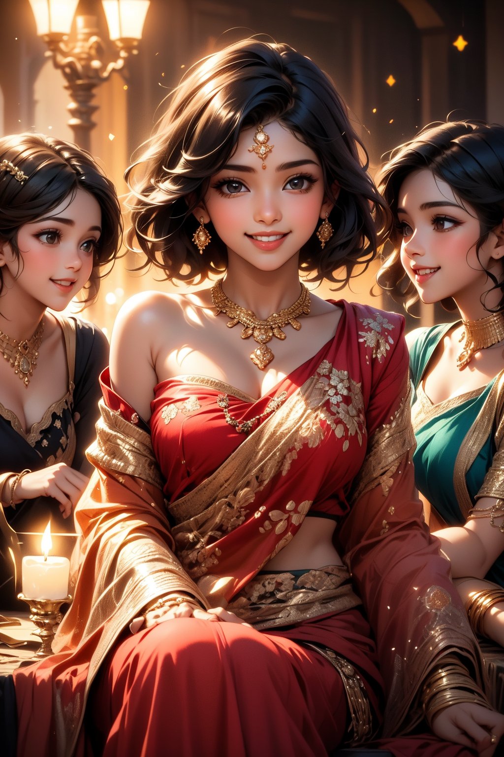 A whimsical scene unfolds: one girl with radiant smile and jet-black hair sits amidst a trio of her friends, each adorned with sparkling jewelry. A delicate necklace glimmers around the smiling girl's neck, while another friend wears a stunning ring on her finger. The group's playful dynamic is captured in a realistic, cinematic framing, with soft lighting highlighting their youthful joy.