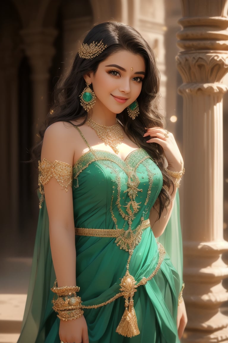 A stunning cosplayer stands confidently, gazing directly at the viewer with a radiant smile. Her short, dark locks frame her heart-shaped face, complemented by piercing brown eyes and luscious eyelashes. A sleek, emerald green dress hugs her curves, adorned with sparkling jewelry - dangling earrings and a delicate necklace that catches the light. The overall effect is mesmerizing, drawing the viewer in with an air of mystery and allure.