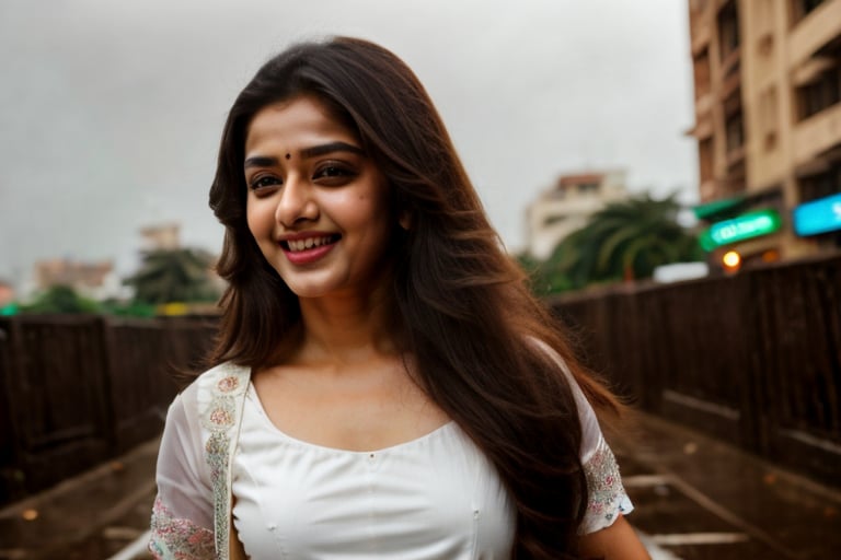 1 beautiful stunning girl walking on Bombay city street in white saree looking gorgeous long brown hair deep sexy eyes cute smile rainy season Rainbow in sky 