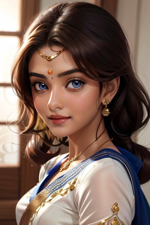 An incredibly beautiful young indian femme fatale is a brown-haired blonde with two bunches on her head and two long tails, blue-eyed, dressed in a traditional white saree. Masterpiece, perfect image, realistic shots, detailed study of the face, full-length image, 8k, detailed image. extremely detailed illustration, a real masterpiece of the highest quality, with careful drawing. ,sailor moon,indian,serena tsukino,Indian dress,sari,aausagi,Saree