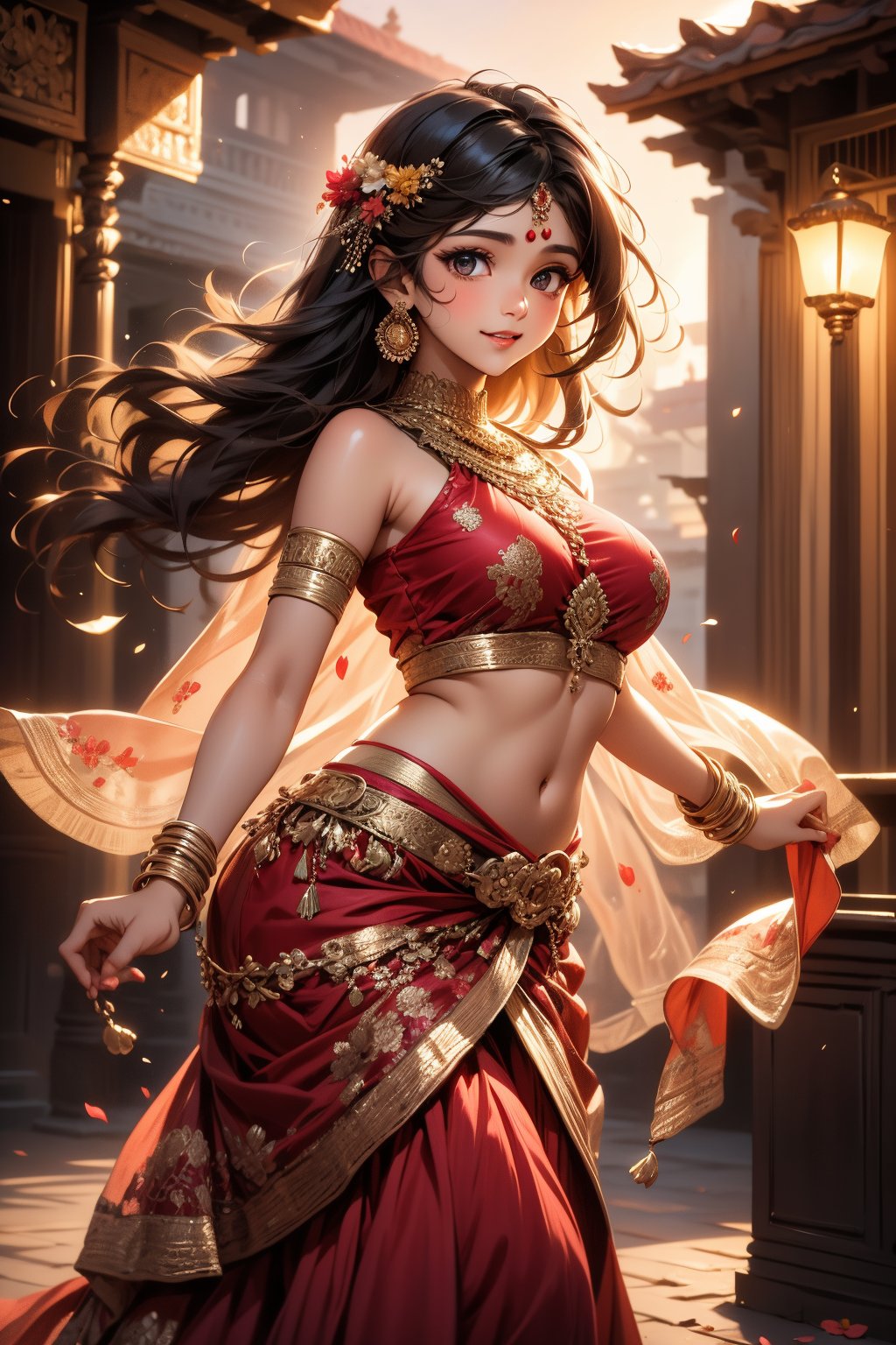 A 20-year-old Indian anime girl stands with a vibrant presence, her features a blend of traditional Indian beauty and anime charm. She has large, expressive eyes that reflect her youthful curiosity and a warm, inviting smile. Her hair is styled in long, flowing tresses, often seen adorned with traditional Indian accessories like flowers or beads. She wears a colorful and intricately designed salwar kameez or lehenga, showcasing the rich textiles and patterns of Indian fashion. The background is a picturesque setting, perhaps a bustling Indian marketplace or a serene temple courtyard, capturing the essence of her cultural heritage. The lighting is bright and colorful, enhancing the animated textures of her clothing and surroundings. Her pose is dynamic, with a sense of movement that brings her character to life, embodying the spirit of a young Indian girl in an anime world.