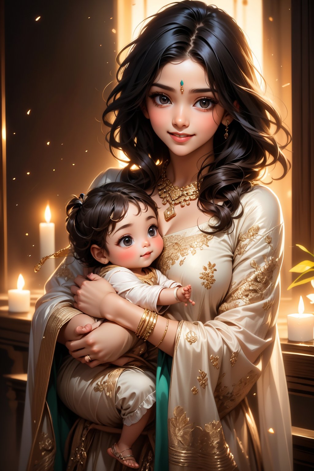 A close-up shot of a smiling girl with striking black hair, surrounded by multiple girlfriends also sporting dark locks. The two girls on either side are adorned in sparkling jewelry, featuring a prominent necklace and rings. In the midst of this playful gathering, one girl tenderly holds a tiny 'baby' doll, as if cradling a precious newborn. The scene is bathed in soft, natural light, with a realistic color palette.