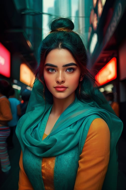 Vibrant urban landscape: towering skyscrapers and neon lights reflecting off wet pavement. A woman, dressed in striking orange and turquoise attire, levitates above the crowded street. Her confident stride and radiant smile captivate the attention of pedestrians rushing to and fro. Her eyes, a deep shade of indigo, hold a thousand unspoken stories. In this moment, she is lucid dreaming, her gaze drifting between reality and fantasy as passersby pause, mesmerized by her ethereal presence.