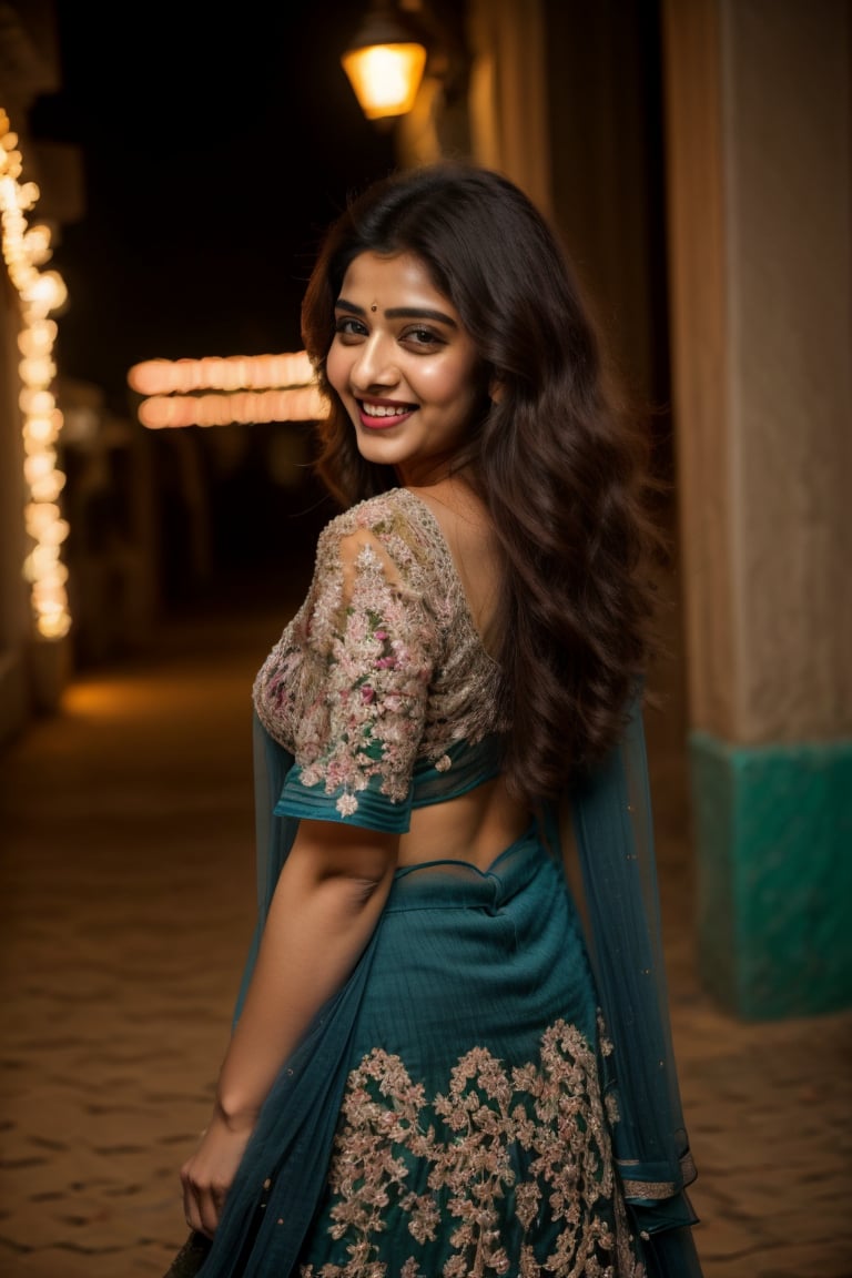 A vibrant and elegant indian woman stands confidently at a bustling open-air market, her dark hair falling in soft waves down her back. She wears a traditional Mexican outfit, a rich tapestry of color with a flowing skirt in deep shades of blue and purple, intricately embroidered with red and gold flower patterns. Her dazzling white blouse, a huipil with a square neckline, is complemented by a vibrant red sash and adorned with a multi-strand necklace of pearls and colorful beads. Delicate gold bracelets jingle on her arms. The sun casts a warm, golden light, highlighting her radiant smile and the marigolds in her basket, symbolizing the Day of the Dead. She holds a peacock feather fan, adding to the festive atmosphere. The cobblestone path leads to an arch lined with more stalls, inviting exploration. Her eyes shine with joy, her traditional clothing a testament to her heritage. Casual photography captures the lively scene.