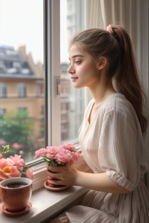 Oil painting, girl leaning against the window sill, resting her chin on the window and looking out the window, wide open window, (outside the window, various flowers are blooming in the flower bed), very delicate and soft lighting, details, Ultra HD, 8k, animated film, girl , holding a coffee cup, sitting on the window sill, holding a cup in both hands, shaking legs,