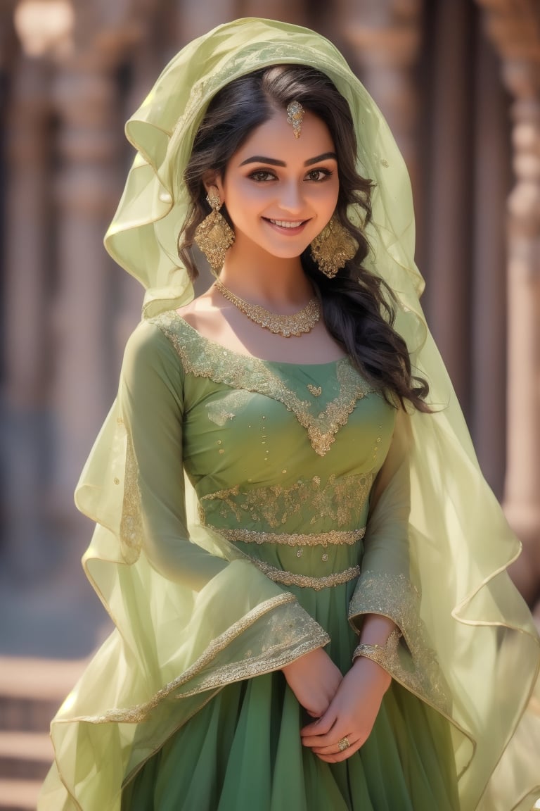 A close-up shot of a girl standing solo, directly addressing the viewer with a warm, genuine smile. Her short, dark hair is styled in a sleek, low ponytail, framing her heart-shaped face. Her brown eyes sparkle as she gazes at the camera, adorned with delicate earrings and a statement necklace. She wears a stunning green dress that hugs her curves, its intricate design catching the light. The realistic cosplay costume exudes elegance and confidence, making the viewer feel like they're having a private conversation with this enchanting beauty.