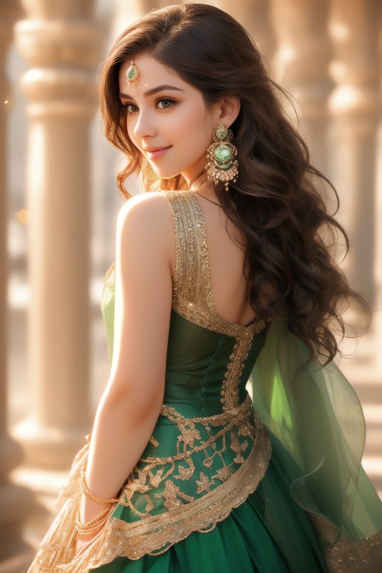 A close-up shot of a young woman, standing alone with her back to a subtle gradient background, gazing directly into the camera with a warm and inviting smile. Her short, richly colored hair - a mesmerizing blend of brown and black hues - frames her heart-shaped face. A stunning green dress hugs her curves, complete with intricate details that catch the light. Her bright brown eyes sparkle as she wears delicate earrings and a necklace, adding to her enchanting cosplay persona.