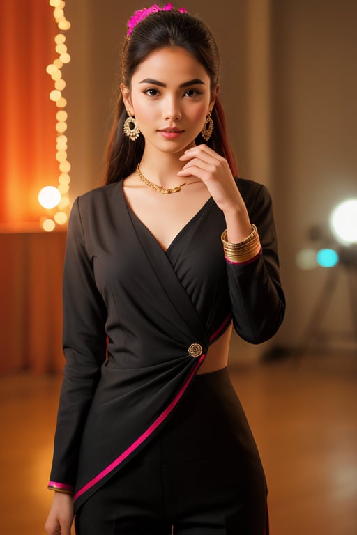 a beautiful indian  girl wearing a black suit and giving a good pose and lighting background in studio and an ai inlfuencer and a colorful hair and pretty face and eyes pretty  more differnet pose