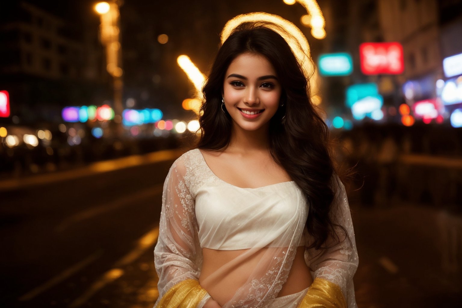 A stunning young woman walks confidently down a bustling Mumbai street, her bright white saree glowing against the gray urban backdrop. The rain-soaked pavement glistens beneath her feet as she strides forward, her long, rich brown hair flowing behind her like a golden cloak. Her deep, alluring eyes sparkle with mischief, and her cute, upturned smile hints at a playful nature. Above her, a vibrant rainbow arcs across the rainy sky, its colors clashing beautifully against the dull cityscape.