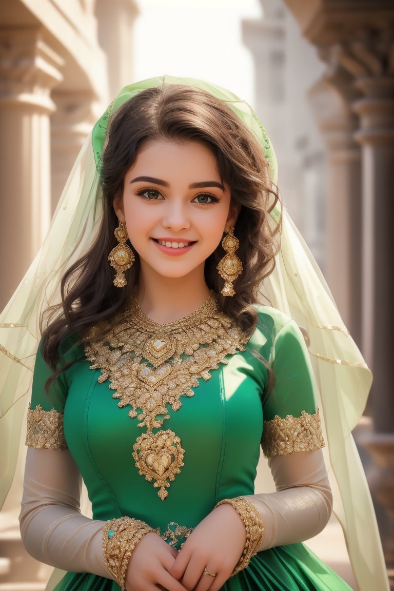 A close-up shot of a girl standing solo, directly addressing the viewer with a warm, genuine smile. Her short, dark hair is styled in a sleek, low ponytail, framing her heart-shaped face. Her brown eyes sparkle as she gazes at the camera, adorned with delicate earrings and a statement necklace. She wears a stunning green dress that hugs her curves, its intricate design catching the light. The realistic cosplay costume exudes elegance and confidence, making the viewer feel like they're having a private conversation with this enchanting beauty.