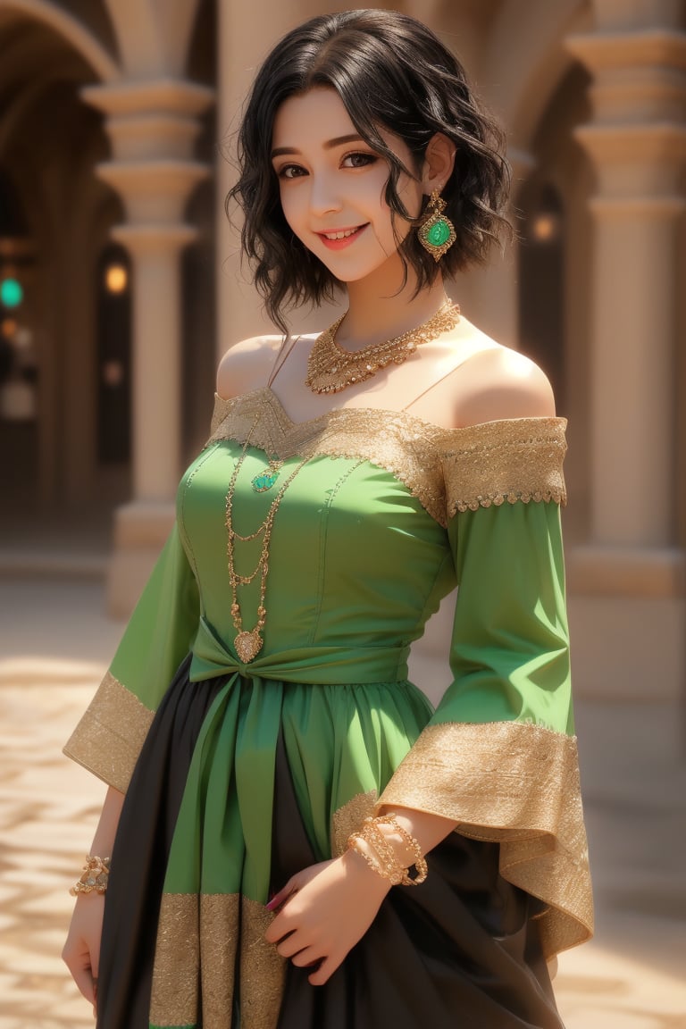 1girl, solo, looking at viewer, smile, short hair, brown hair, black hair, dress, brown eyes, jewelry, standing, earrings, necklace, cosplay, green dress, realistic