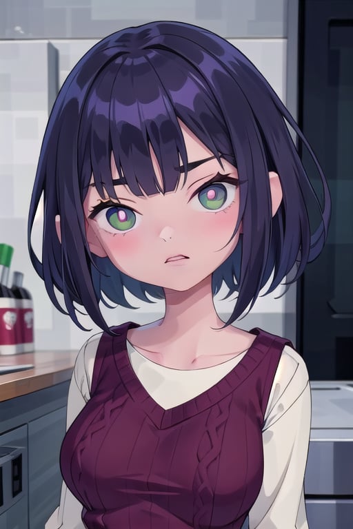 1girl, solo, looking at viewer, bangs, black hair, green eyes, upper body, purple hair, parted lips, medium hair, sweater, bright pupils, white pupils, red sweater