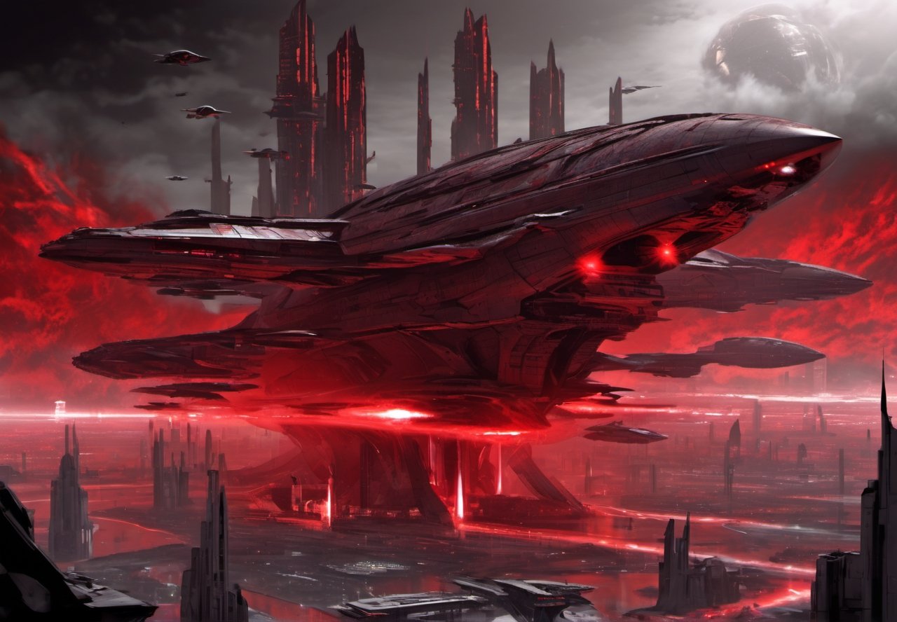 (Masterpiece, high quality, best quality, official art, beauty and aesthetics:1.2),HD,,blood and black,sci-fi,holograms,(high-tech ambiance:1.2),shuttle,the planet comes to the future city flying all over the sky,city of the future,enhanced armor,smooth curves,1 enemy planes pounding the energy center,but more of the fleet is coming,city anti-aircraft guns join support battles,science fiction