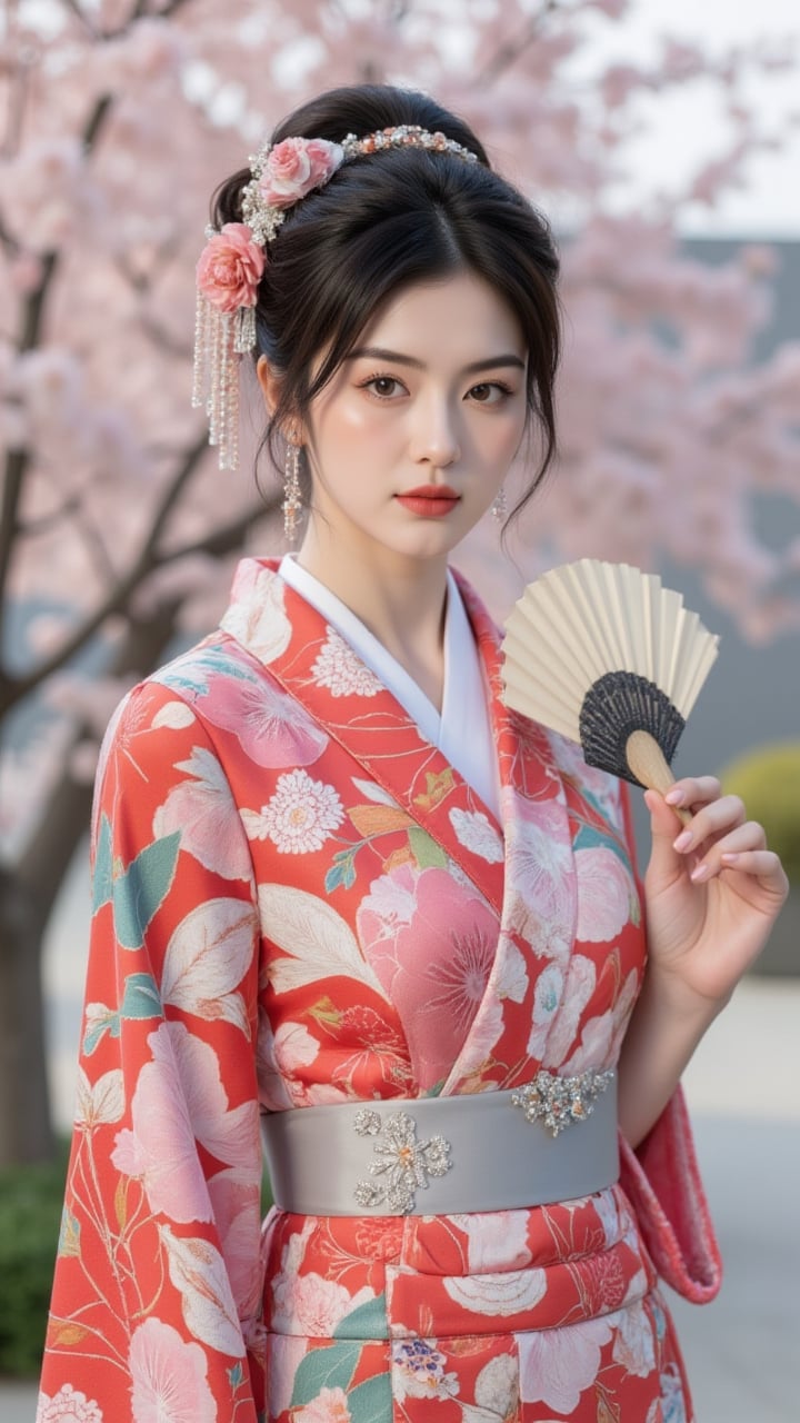 This is a high-resolution portrait of a modern style, featuring a young woman. She is dressed in an elegant, flowing kimono with a contemporary twist, featuring bold geometric patterns in vibrant colors. Her hair is styled in an intricate updo with ornate hair accessories. One hand is holding a traditional fan, while the other is adjusting her obi belt. Her expression is serene and confident as she looks directly at the camera. She seems to be in her late 20s, with a graceful figure and refined features. Her makeup is subtle but enhances her natural beauty, with a hint of blush and soft pink lips. The background is a minimalist Japanese garden with a cherry blossom tree in soft focus. Young Asian woman.