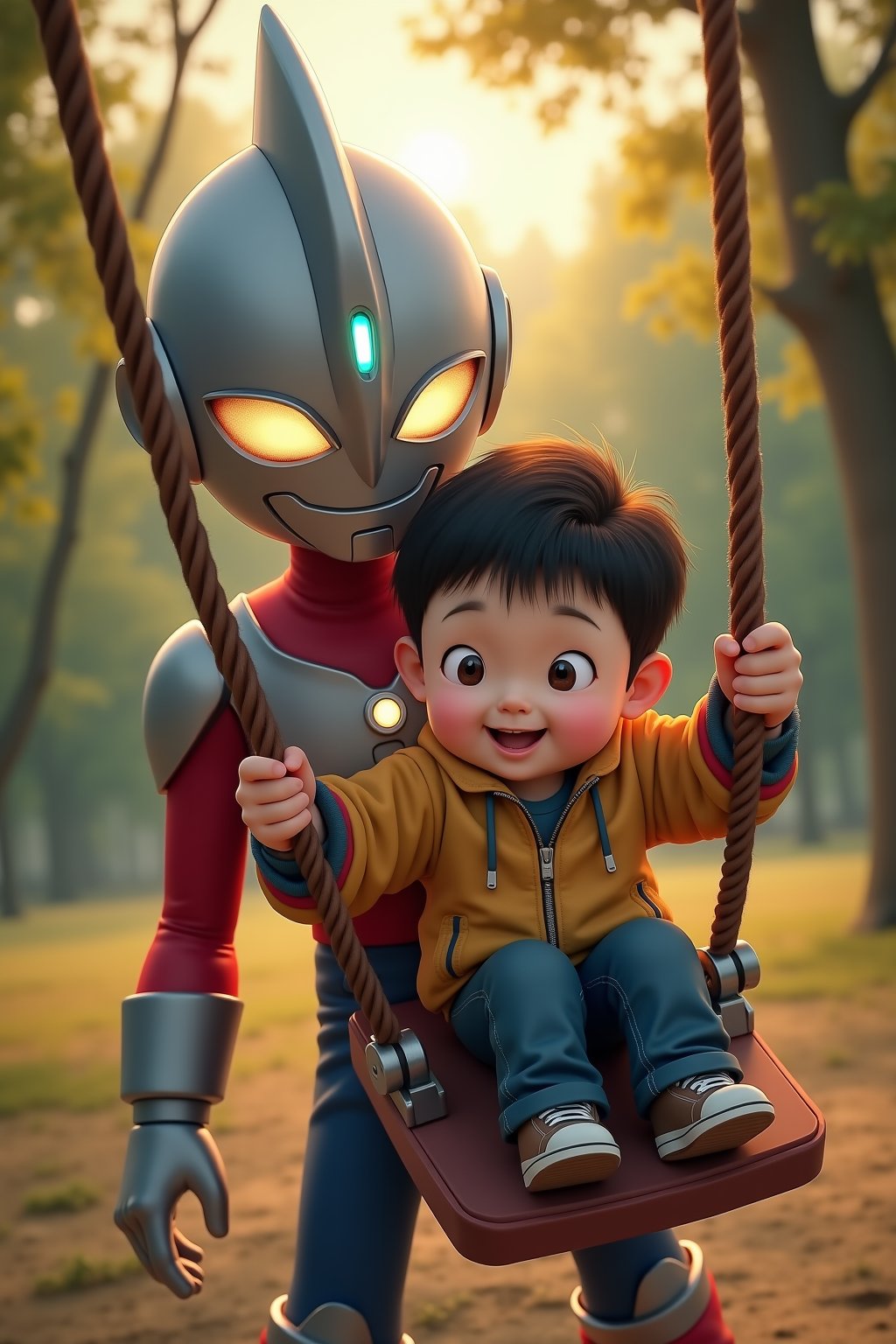 Detailed characters, hyper detailed, (ultra high detailed), ((best image)), ((best quality)), ((masterpiece:1.2)), 16K UHD, ultra High clarity, absurd resolution. 1boy, 1girl, little Taro Ultraman' and A 4-year-old Asian boy. Young boy is playing in a swing and Ultraman Tar is pushing the swing from standing behind. Park location, evening, smile. ((detailed body)), ((detailed face and eyes)), intricate details, ((best Quality)), perfect body, perfect fingers, ((detailed hands and fingers)). 