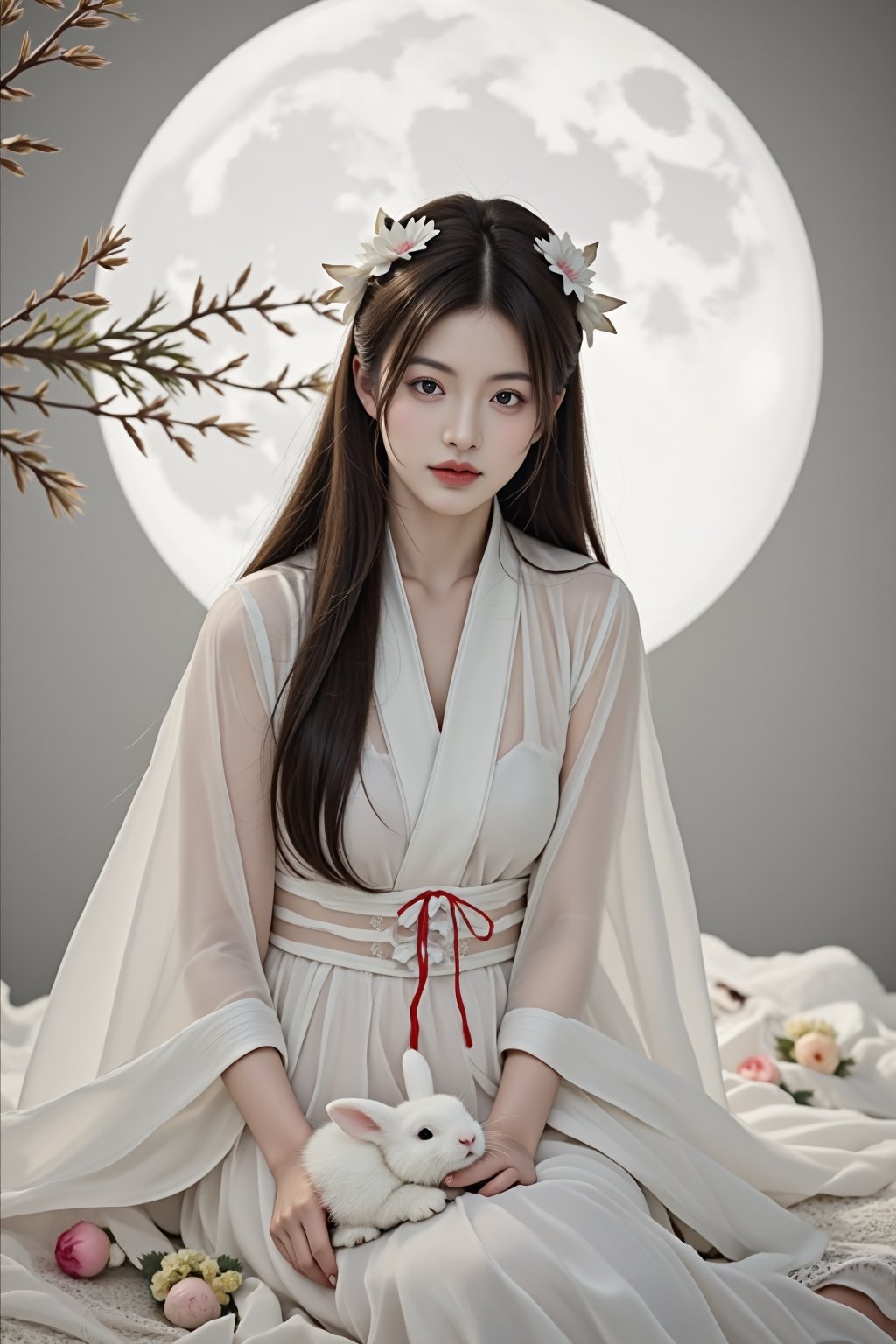 (ultra realistic,32k, masterpiece:1.2),(high detailed skin:1.1),( high quality:1.1), (masterpiece, best quality), A young woman with long black hair, wearing a beautiful white hanfu, sitting on a soft, patterned fabric. Adorned with delicate floral hair ornaments, a red tassel hanging from her waist. Surrounded by a large moon in the background and a white rabbit beside her. (hand gently touching rabbit:1.4), (serene and elegant expression, upper body) ((dystopic)) ((full body)) ((standing)) ((combat ready)) ((rainy playground)) ((formal attire)) ((serafuku)) ,cultural_grace,mid-autumn-celebration-identity