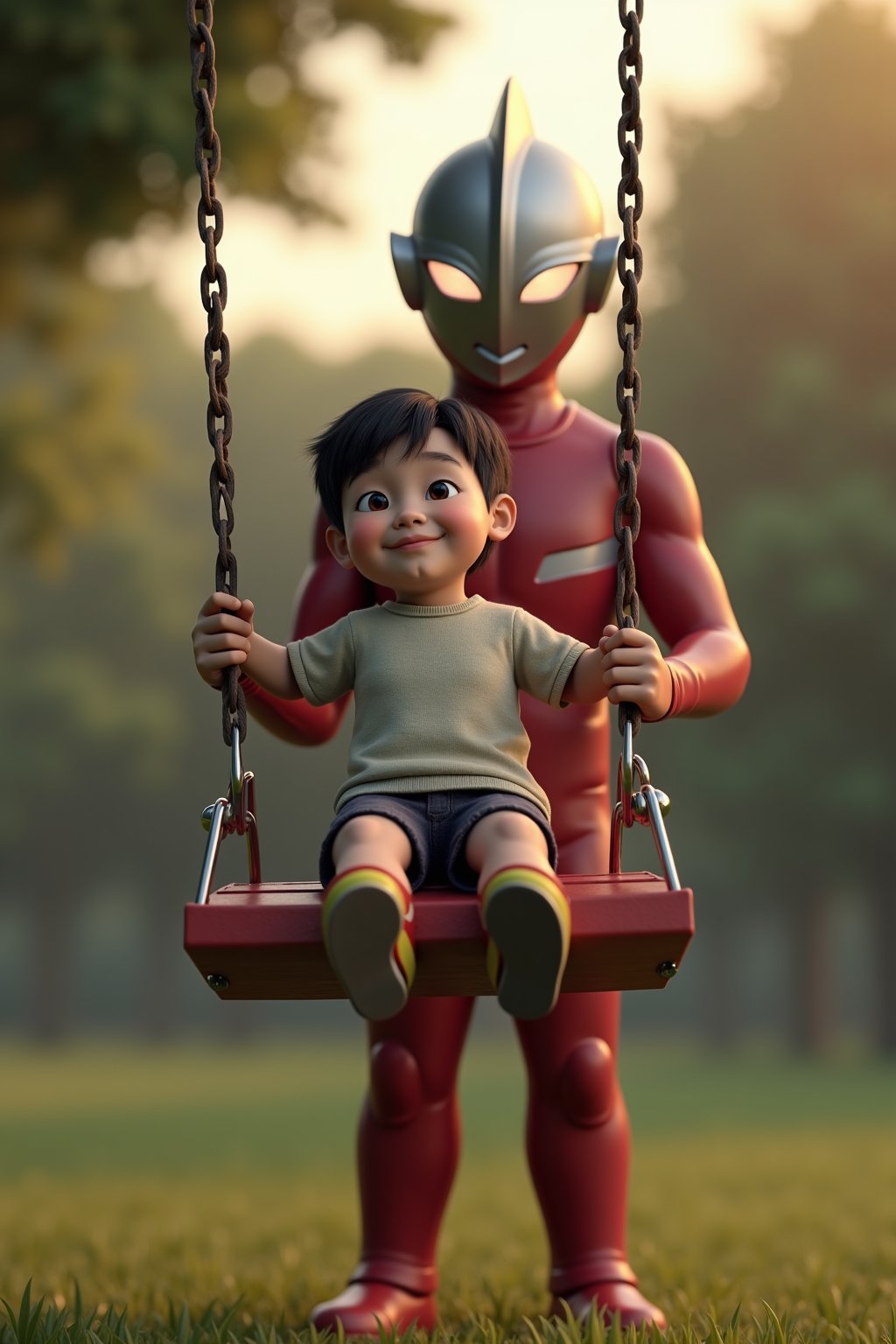 Detailed characters, hyper detailed, (ultra high detailed), ((best image)), ((best quality)), ((masterpiece:1.2)), 16K UHD, ultra High clarity, absurd resolution. 1boy, 1girl, little Taro Ultraman' and A 4-year-old Asian boy. Young boy is playing in a swing and Ultraman Tar is pushing the swing from standing behind. Park location, evening, smile. ((detailed body)), ((detailed face and eyes)), intricate details, ((best Quality)), perfect body, perfect fingers, ((detailed hands and fingers)). Octane render, unreal engine, ray tracing.