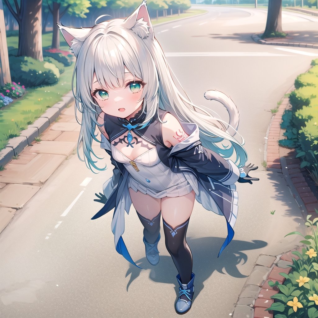 1girl, solo, long hair,small breasts, looking at viewer, bangs,silver hair,white single thighhigh,short gloves, dress, cat ears,open mouth, green eyes, walking, full body, knee-high boot, outdoors, black gloves, cat ears, animal ear fluff, tattoo, night, single thighhigh, asymmetrical legwear,cropped top,masterpiece, ccurate, textured skin, super detail, high details, best quality, high_res,asymmetrical hair, hair one side up,:),bend over,from above ,looking up