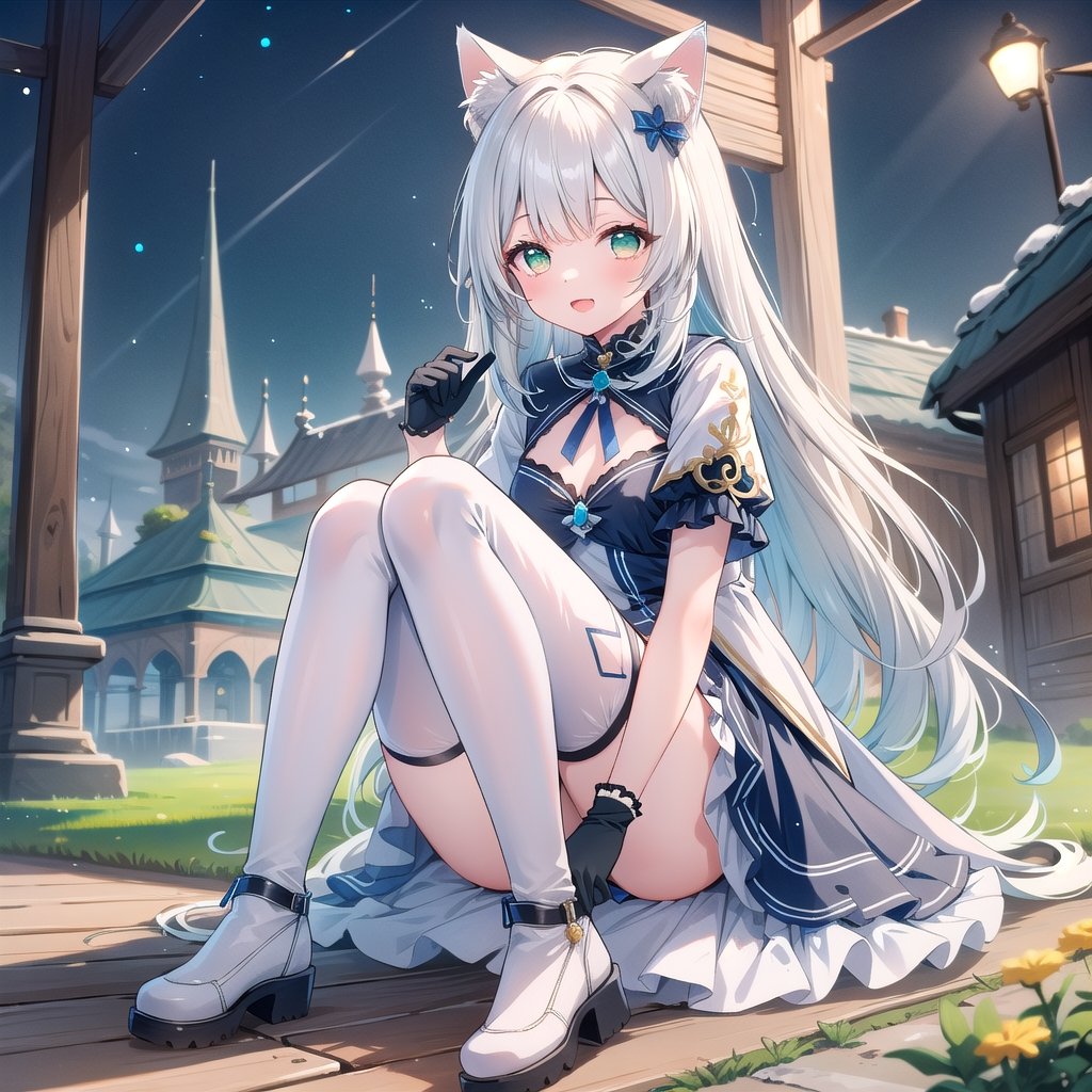 1girl, solo, long hair,small breasts, looking at viewer, bangs,silver hair,white thighhighs,short sleeves, dress, cat ears, green eyes, open mouth , full body, knee-high boot, outdoors, black gloves, cat ears, animal ear fluff, tattoo, night, single thighhigh, asymmetrical legwear,masterpiece, ccurate, textured skin, super detail, high details, best quality, high_res,smile,:),sitting,hair one side up