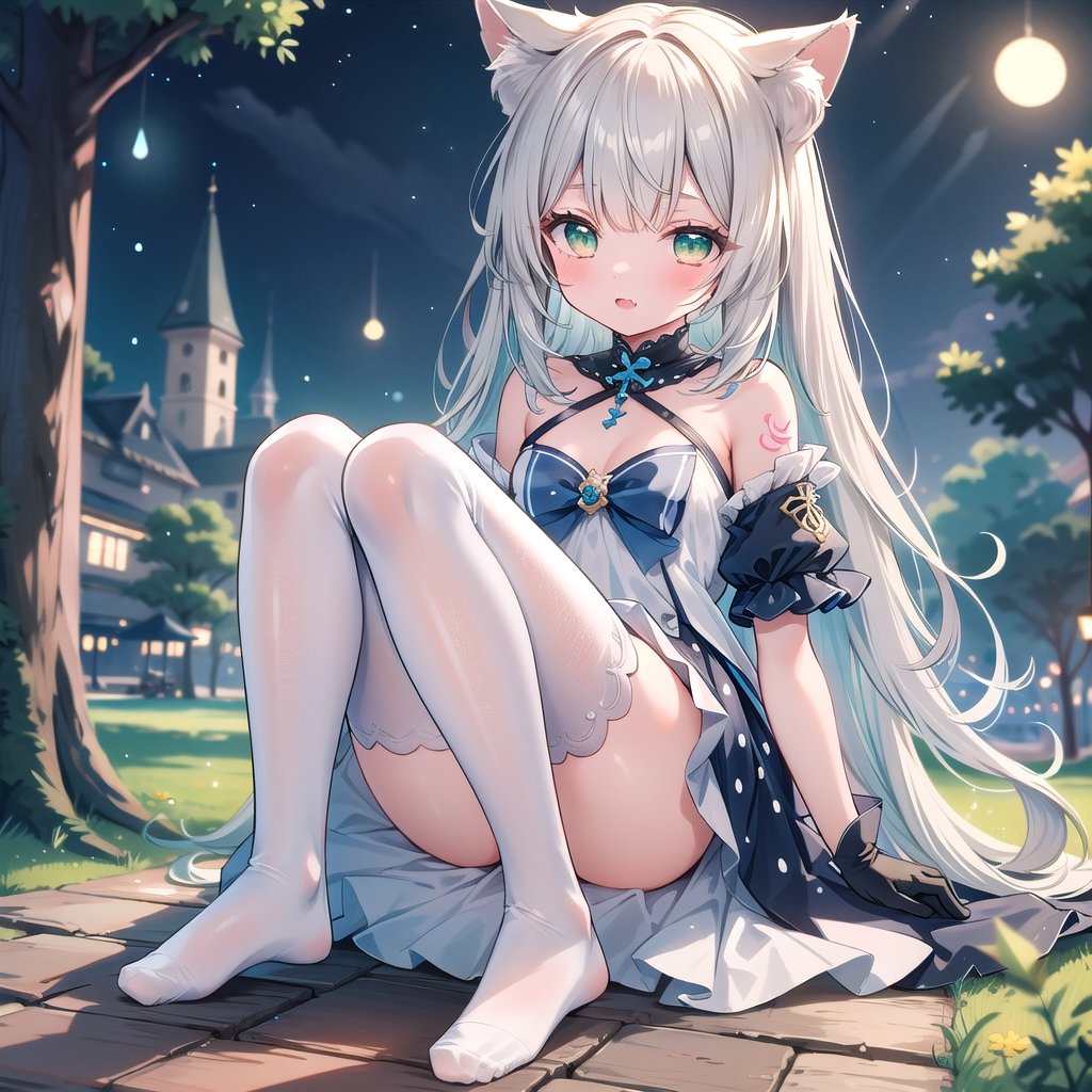 1girl, solo, long hair,small breasts, looking at viewer, bangs,silver hair,white thighhighs,short sleeves, dress, cat ears, green eyes, frustrated , full body, no shoes, outdoors, black gloves, cat ears, animal ear fluff, tattoo, night, single thighhigh, asymmetrical legwear,masterpiece, ccurate, textured skin, super detail, high details, best quality, high_res,sitting,skin fang