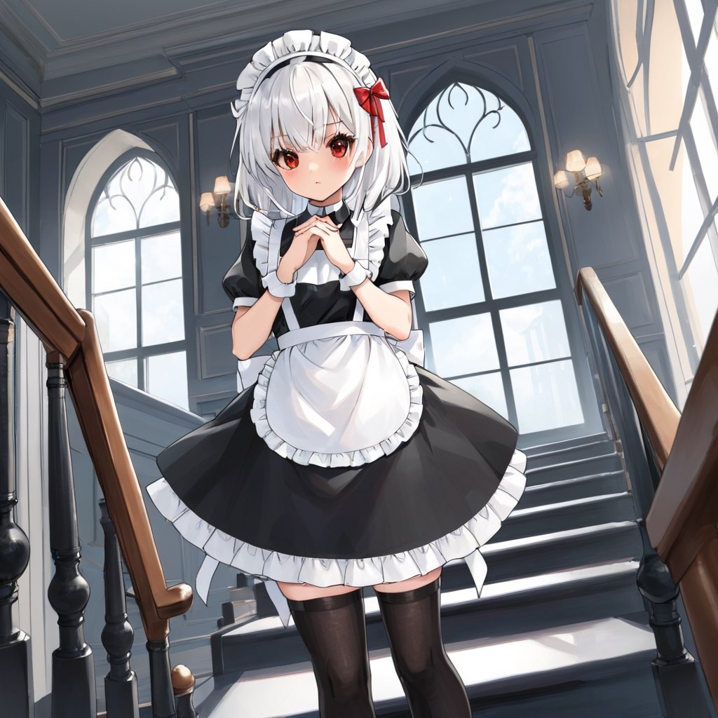 1girl, solo, long hair, looking at viewer, red eyes, thighhighs, short sleeves, dress, ribbon, standing, full body, white hair, hair bow, hairband, frills, shoes, striped, black thighhighs, black footwear, black dress, zettai ryouiki, own hands together, maid, maid headdress, window, white apron, maid apron, stairs
