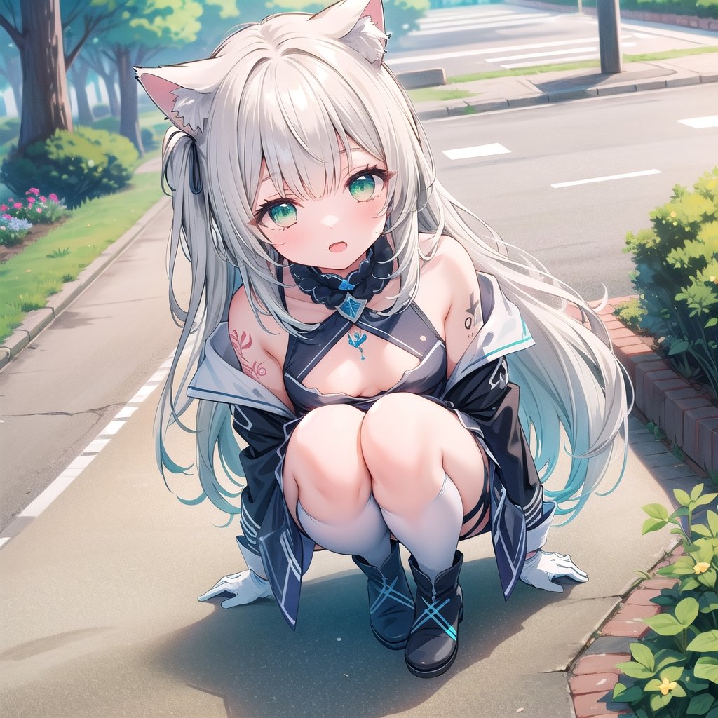 1girl, solo, long hair,small breasts, looking at viewer, bangs,silver hair,white single thighhigh,short gloves, dress, cat ears,open mouth, green eyes, walking, full body, knee-high boot, outdoors, black gloves, cat ears, animal ear fluff, tattoo, night, single thighhigh, asymmetrical legwear,cropped top,masterpiece, ccurate, textured skin, super detail, high details, best quality, high_res,asymmetrical hair, hair one side up,:),squat down,from above ,looking up