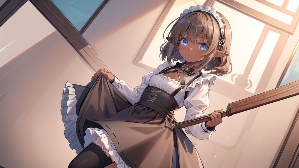 1girl, solo,medium_hair,small breasts,brown-hair,hair rings,maid_dress,black skirt,frills,hairband,collar,pointy ears,blue eyes,high quality, high details, best quality, highres, masterpiece, ccurate,dark skin,tan,dutch angle,covering crotch,Full nelson