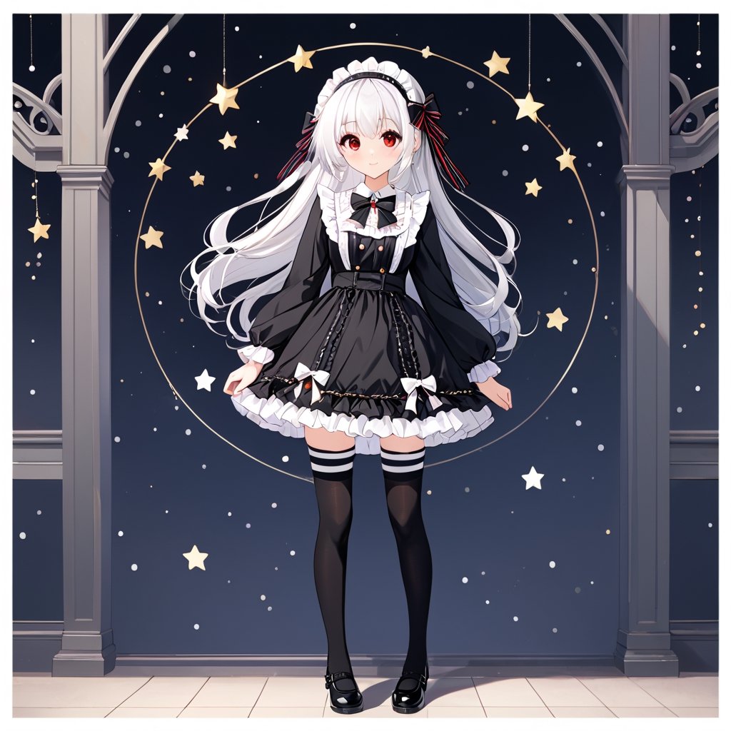 1girl, solo, long hair, looking at viewer, red eyes, thighhighs, long sleeves, dress, bow, ribbon, standing, full body, white hair, hair bow, hairband, frills, shoes, striped, black thighhighs, star \(symbol\), black footwear, black dress, zettai ryouiki, copyright name, own hands together, polka dot, mary janes, lolita fashion
