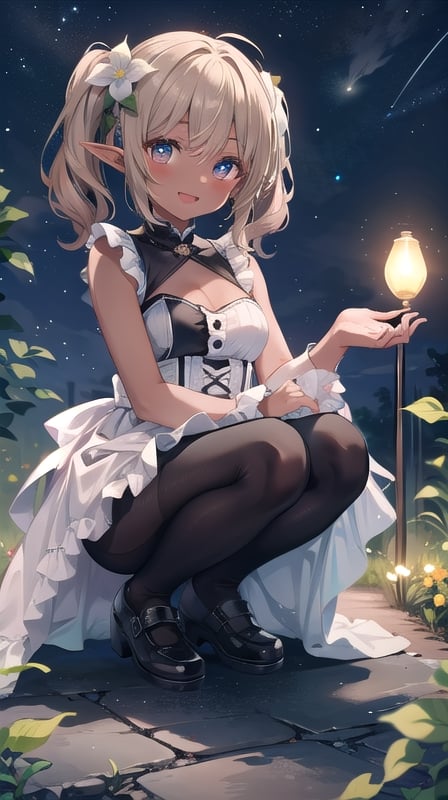 1girl, solo, medium hair, smail breasts, looking at viewer, blush, smile, open mouth,frill, light brown hair,gradient hair, elf ears,red eyes,mole under eye,aqua eyes,twintail, squat down,white crepe dress,mismatched pupils,black pantyhose,black footwear,hair flower,best quality, high-resolution,high_res,UHD ,petite,score_9_up,dark skin,night_sky