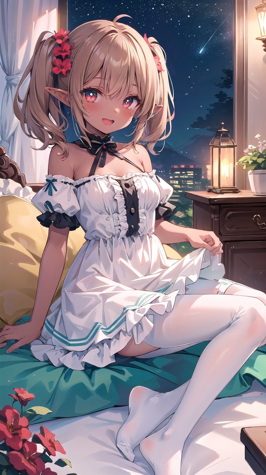 1girl, solo, medium hair, smail breasts, looking at viewer, blush, smile, open mouth, light brown hair,gradient hair, elf ears,red eyes,mole under eye,aqua eyes,twintail, white crepe dress,short sleeves,frills,mismatched pupils,red pantyhose,no shoes,hair flower,best quality, high-resolution,high_res,UHD ,petite,score_9_up,dark skin,indoors,night_sky,bare shoulder 