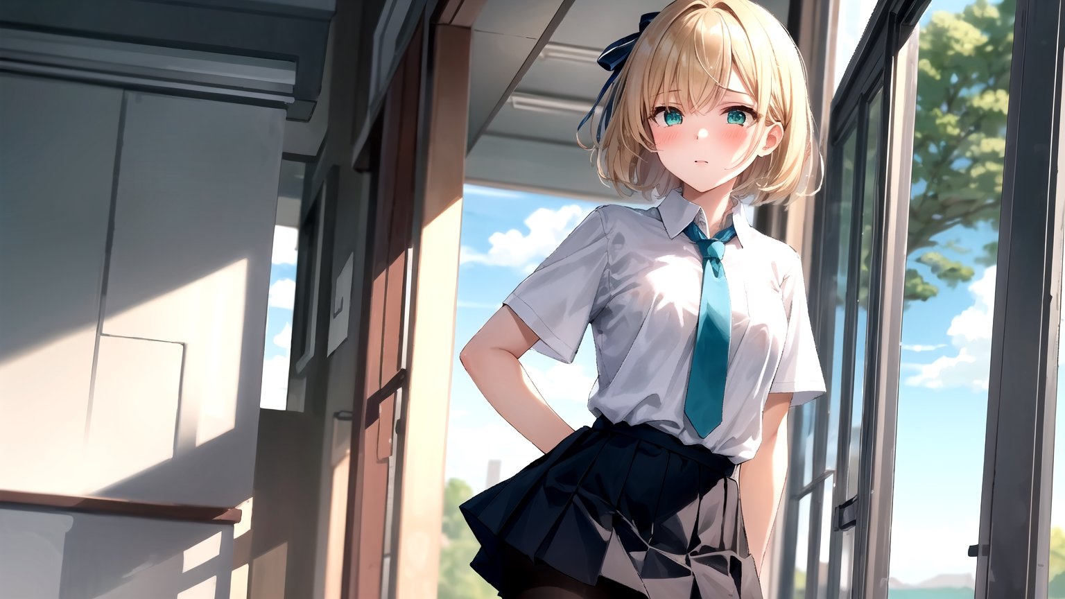 1girl, solo, blush, short hair, skirt, blonde hair, ribbon, school uniform, green eyes, white shirt,black skirt,hair ribbon, ahoge, pantyhose, necktie, aqua eyes, standing,window,classroom,outdoor
, masterpiece, textured skin, super detail, high details, best quality, highres, 4K, 1080P, tearing up