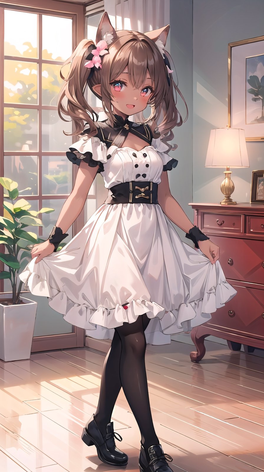 1girl, solo, medium hair, smail breasts, looking at viewer, blush, smile, open mouth, light brown hair,gradient hair, elf ears,red eyes,mole under eye,aqua eyes,twintail, walking,white crepe dress,mismatched pupils,black pantyhose,black footwear,hair flower,best quality, high-resolution,high_res,UHD ,petite,score_9_up,dark skin,indoors,orange_fire