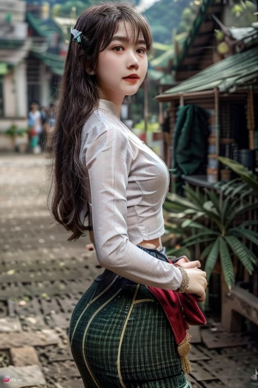 wearing acmmsayarma outfit, acmmsayarma ,Myanmar model ,long_hair,bracelet,outdoor,((green long skirt)),realistic,4k,detailed,front-view,((upper body)),road,holding_skirt,Yangon,(Myanmar_Yangon)