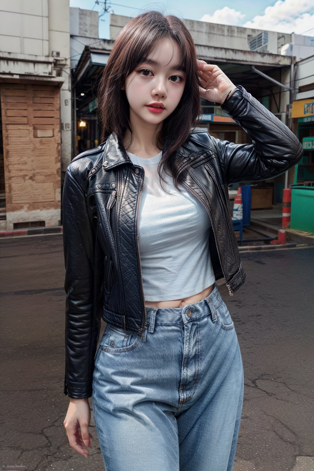 A young woman in street fashion, wearing a black leather jacket over a white t-shirt and blue jeans, photorealistic, high resolution, studio background, soft natural lighting, casual pose, detailed textures, 8K --ar 3:2
