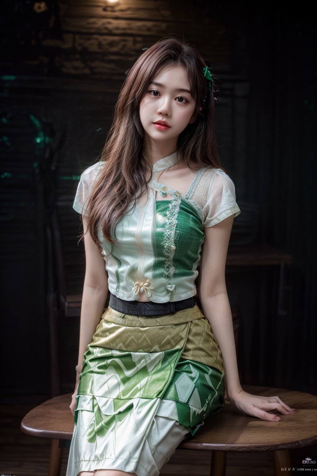 (Best quality, 8k, 32k, Masterpiece, Photorealistic, high contrast, UHD:1.2),(masterpiece, high quality:1.5), (8K, HDR), masterpiece, best quality, 1girl, solo, PrettyLadyxmcc,OrgLadymm,((white_shirt,green_long_skirt,long_skirt)),(pose:random poses),long_skirt,
,acmm ss outfit,wearing acmmsayarma outfit,((background:gradient_darkgreen)),sitting on wood chair
