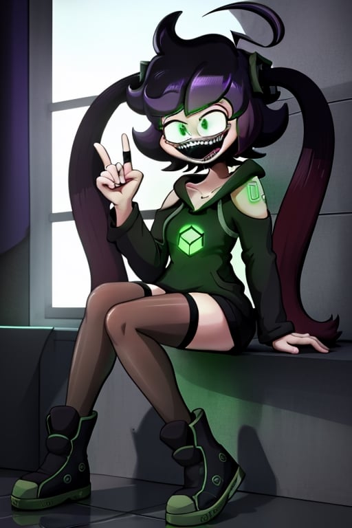 IC0n, 1girl, short purple hair, ahoge, long twin tails, green eyes, black hoodie, glowing green cube on chest, glowing green tattoos on shoulder, open shoulders, black thighhighs, black boots, :d, open mouth, smile, fangs, looking at viewer, flustered,(sleeping), better_hands, perfect hands, 
BREAK, 
masterpiece, best quality, highly quality, cinematic lighting, perfect lighting, cowboy_shot, dynamic angle, SpoopyStories