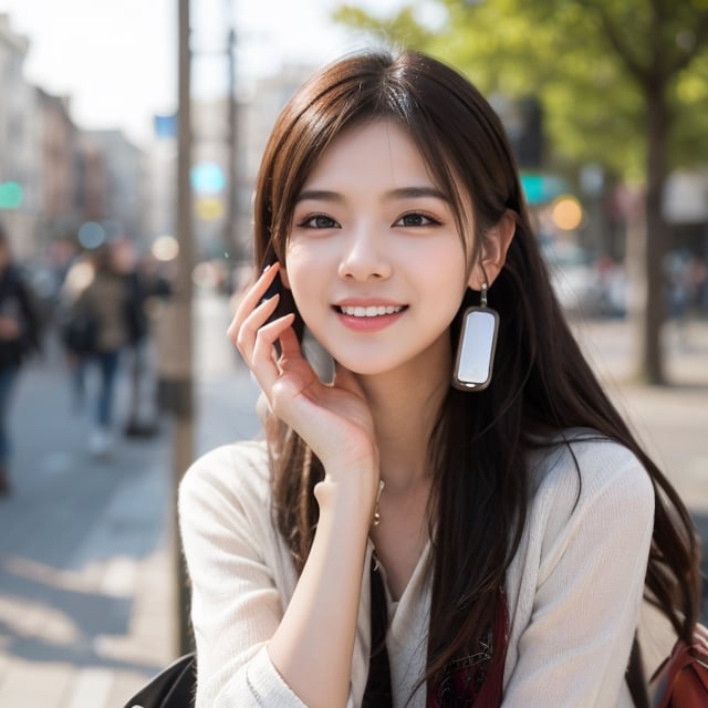 1girl, bracelet, long_hair, jewelry, black_hair, pantyhose, motion_blur, smile, a girl with a hearing with earphone, white_earphone, looking_at_viewer_directly