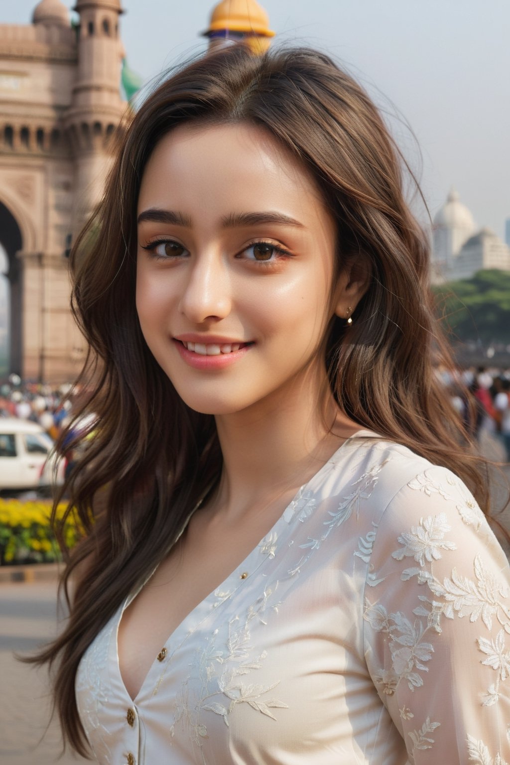young woman face features like (shraddha kapoor),oval face ,(smaller forehead),cute, ((white skin)), having walk in mumbai in front of gateway of india wearing pants , rich detailed complex background, detail facial features, focus on skin texture, detailed hairs, natural look, hands in air, pose, hands,wearing sexy dress, candid moments, ((POV subject facing back to camera)), side shot, focus on background, Beautiful Instagram Model,dashataran,happy facial expression, teeth visible smiling, professional photos, studio lighting, raw edits, fully_dressed,Extremely Realistic