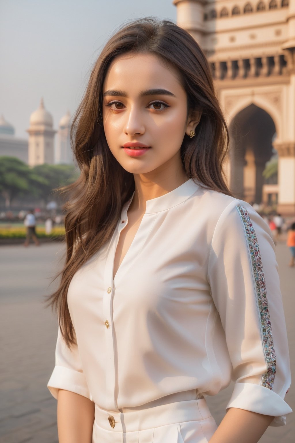 young woman face features like (shraddha kapoor),oval face ,(smaller forehead),cute, ((white skin)), having walk in mumbai in front of gateway of india wearing pants , rich detailed complex background, detail facial features, focus on skin texture, detailed hairs, natural look, cute posture, pose, hands,wearing sexy dress, candid moments, ((POV subject facing away from camera)), side shot, focus on background, Beautiful Instagram Model,dashataran,happy facial expression, professional photos, studio lighting, raw edits, full length photos, full body photos, sexy figure