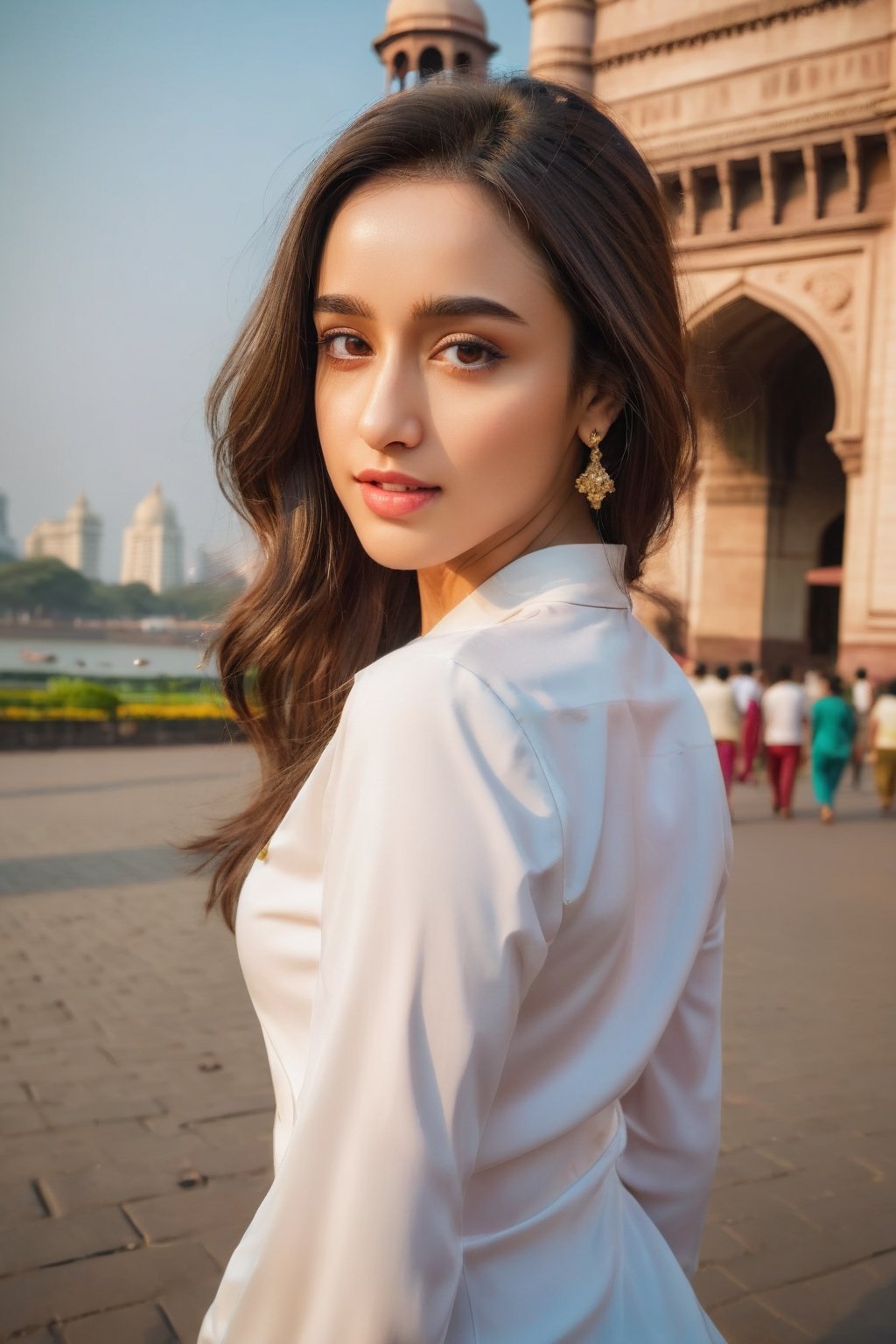 young woman face features like (shraddha kapoor),oval face ,(smaller forehead),cute, ((white skin)), having walk in mumbai in front of gateway of india wearing pants , rich detailed complex background, detail facial features, focus on skin texture, detailed hairs, natural look, cute posture, pose, hands,wearing sexy dress, candid moments, ((POV wide angle shot, subject facing away from camera)), back shot, focus on background, Beautiful Instagram Model,dashataran,happy facial expression, professional photos, studio lighting, raw edits
