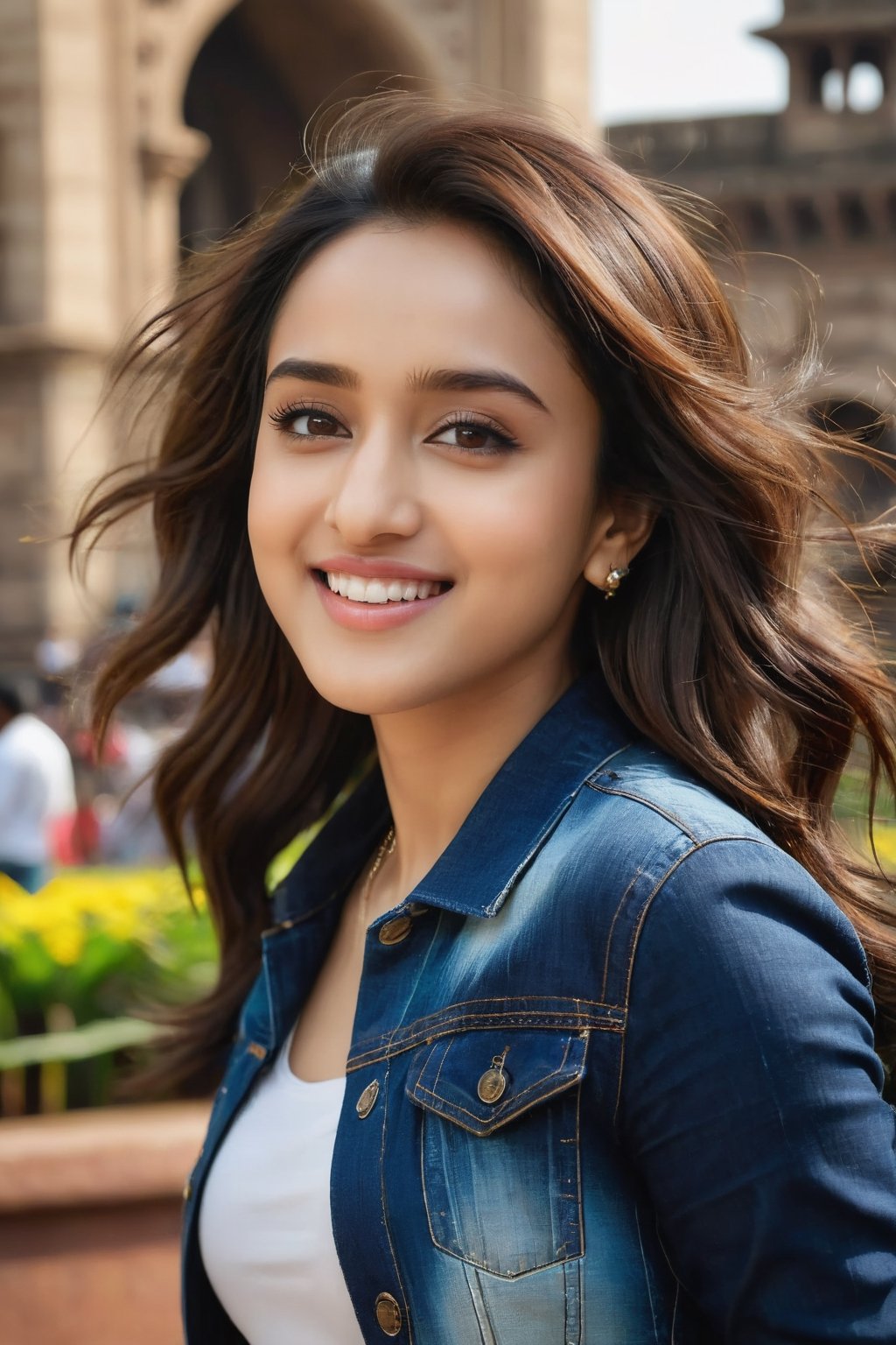 young woman face features like (shraddha kapoor),oval face ,(smaller forehead),cute, ((white skin)), having walk in mumbai in front of gateway of india wearing denims , rich detailed complex background, detail facial features, focus on skin texture, detailed hairs, natural look, hands in air, pose, hands_raised, candid moments, ((POV subject facing away from camera)), side shot, focus on background, Beautiful Instagram Model,dashataran,happy facial expression, teeth visible smiling, professional photos, studio lighting, raw edits, fully_dressed,Extremely Realistic,Expressiveh, full-length_portrait