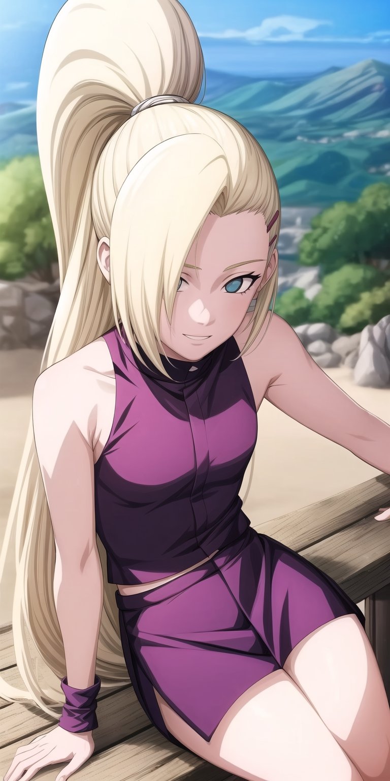 masterpiece, highly detailed, 4K, vibrant colors, sharp focus, best quality, depth of field, perfect body, perfect anatomy, beautiful background, fully detailed background, happy expressions, in the style of Naruto, ,yamanaka_ino, sitting down, petite body,