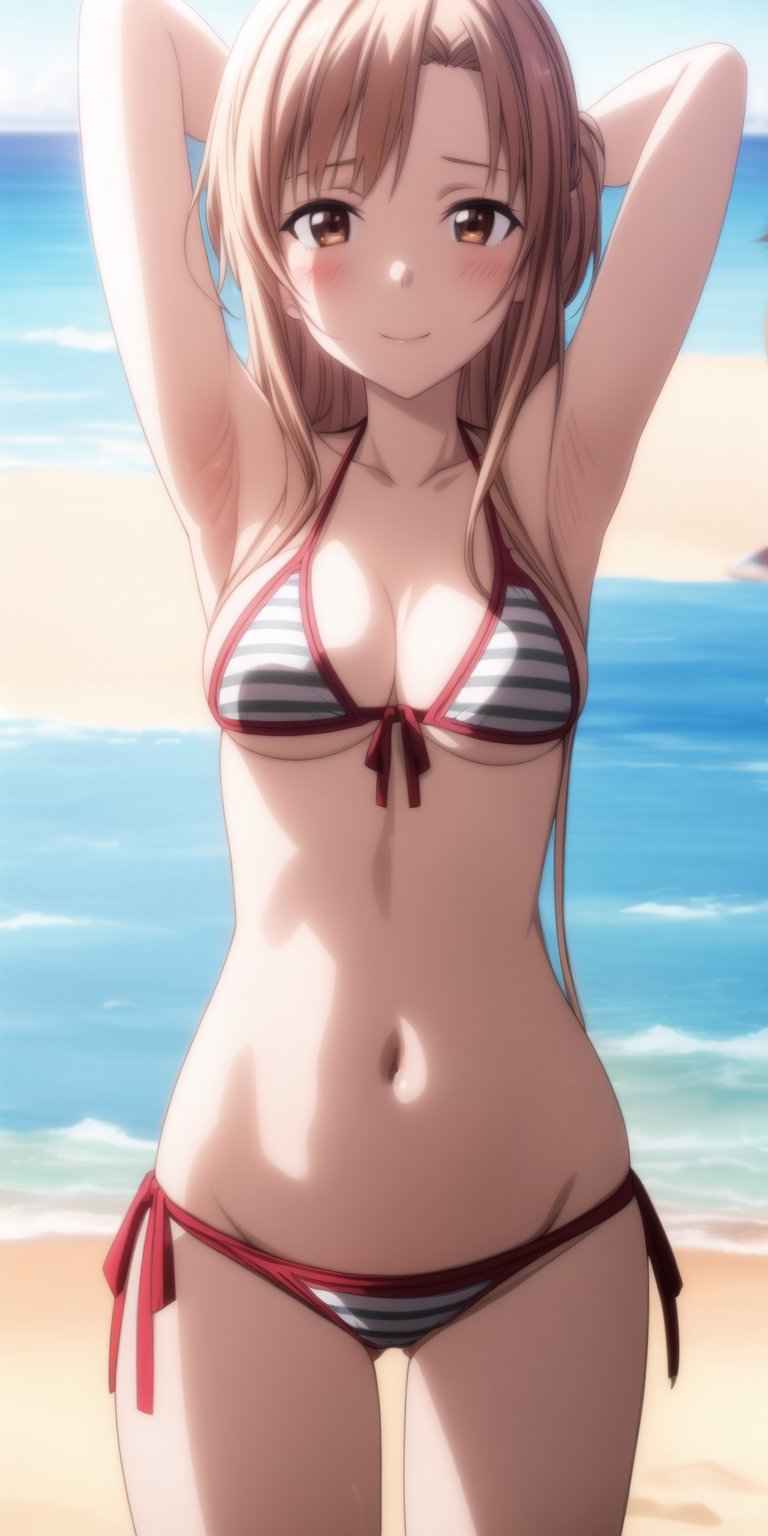 masterpiece, highly detailed, 4K, sharp focus, vibrant colors, sharp focus, best quality, depth of field, cinematic lighting, perfect body, perfect anatomy, happy, at the beach, Eft_sao_asuna, looking at viewer, lustful, blushing, sexy positions, micro bikini,