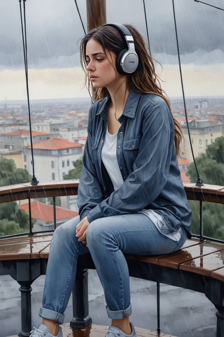 (masterpiece, high quality, 8K, high_res), 
a woman sits on top of a gazebo in the rain and looks down at the city below, it's raining, she's dressed in a shirt, jeans and sneakers, the wires of her headphones are visible, the image conveys the mood of melancholy reflection, impasse, doubt. Watercolor painting technique, ultra-detailed, beautiful,Masterpiece