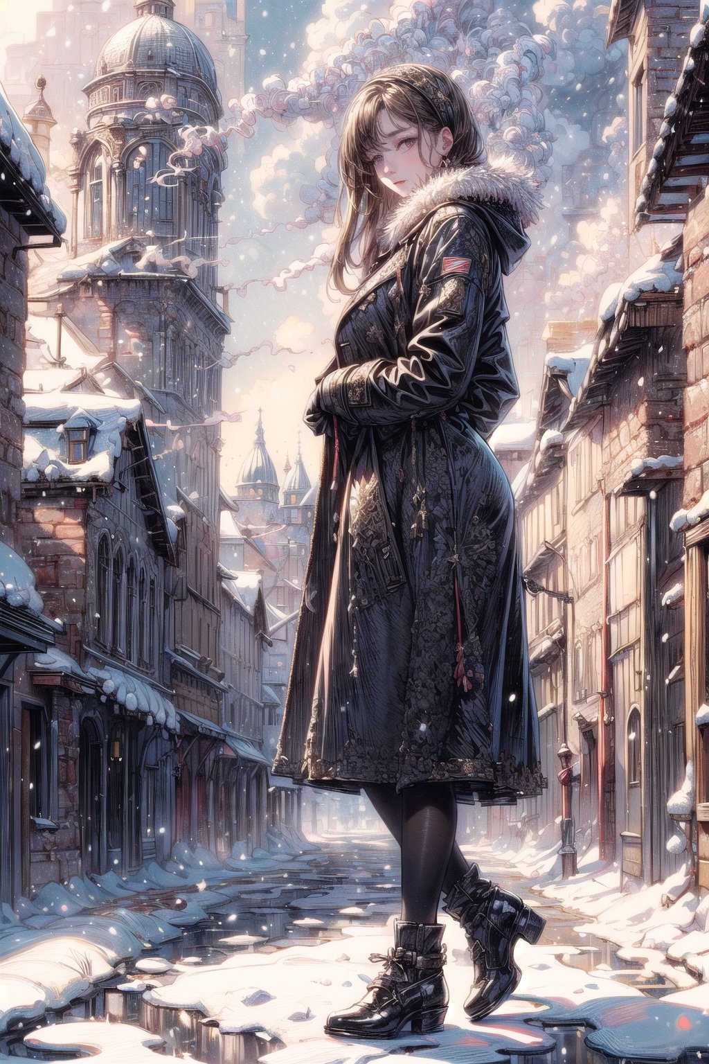 ((best quality)), ((masterpiece)), ((realistic)), girl in heavy winter clothes, holding some books, melancholy feeling, city with war ruins, year 1940, snow, cobblestone street, chimneys coming out smoke,
,best quality,1 girl