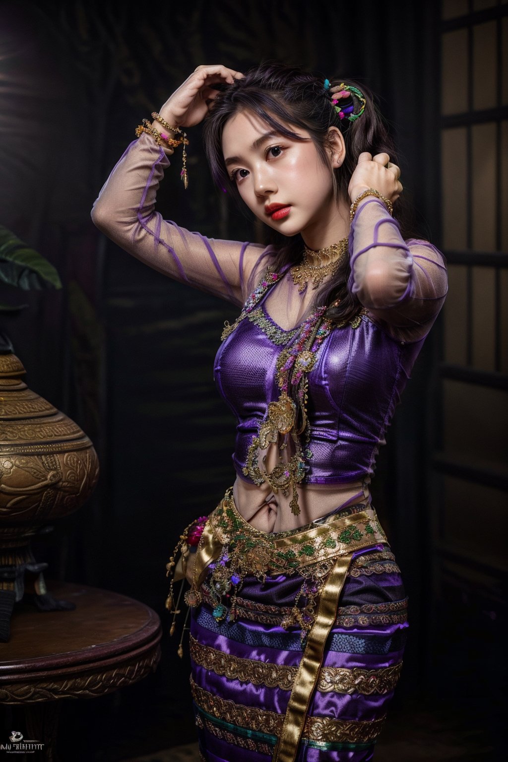 1girl, solo, long hair, black hair, jewelry,  bracelet,MyanmarTraditionalDress(purple green),mmkytt,colorfull shirt,sheer_clothing,long_ponytail,realstic,photorealstic,4k,arms_above_head,wearing acmmsayarma outfit