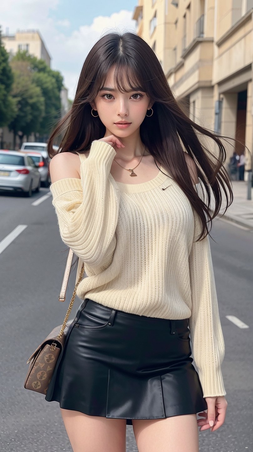 background is Paris,
18 yo, 1 girl, beautiful korean girl,fashion model,
wearing tight sweater,short skirt(chess pattern),shoulder bag(Louis Vuitton),happy laugh,cloth blowing by wind, solo, {beautiful and detailed eyes}, dark eyes, calm expression, delicate facial features, ((model pose)), Glamor body type, (dark hair:1.2), simple tiny earrings, simple tiny necklace,very_long_hair, hair past hip, bangs, curly hair, flim grain, realhands, masterpiece, Best Quality, 16k, photorealistic, ultra-detailed, finely detailed, high resolution, perfect dynamic composition, beautiful detailed eyes, eye smile, ((nervous and embarrassed)), sharp-focus, full_body, cowboy_shot,